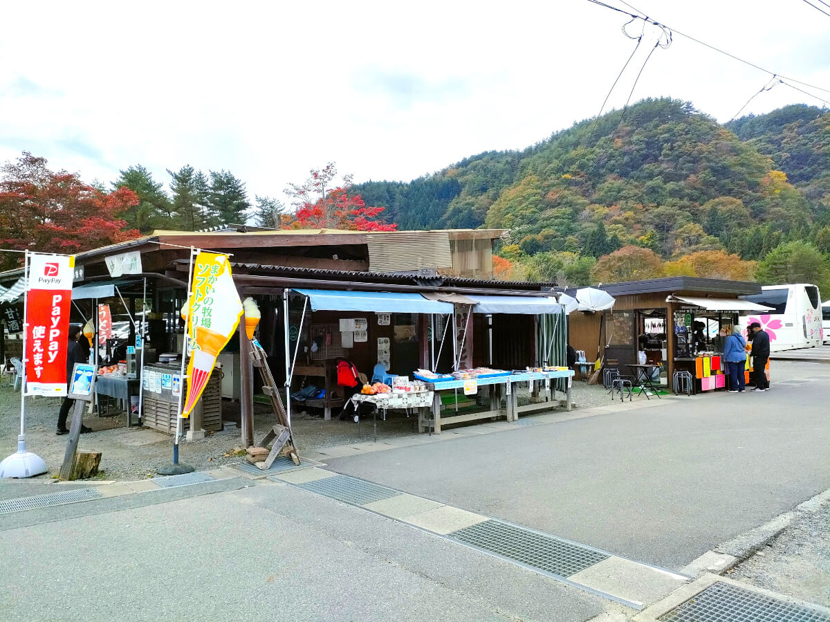 西湖いやしの里根場 駐車場脇の売店や食堂